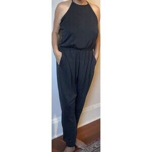 Sweaty Betty London Black Halter Jumpsuit Size L Jogger Ankle Pockets Open Back